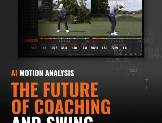 A screen shows a golfer’s swing being analyzed with motion data and statistics. Bold text reads: “AI Motion Analysis. The Future of Coaching and Swing Analysis.”.