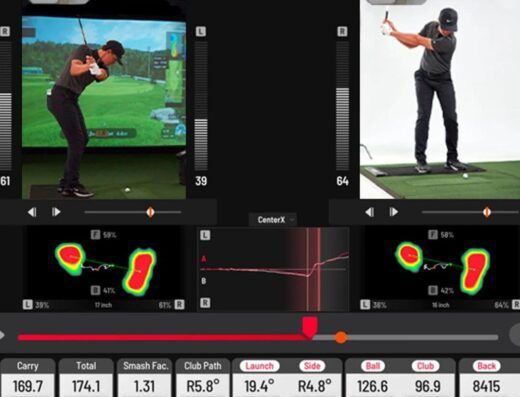 A split-screen golf analysis display shows two golfers mid-swing, heat maps of foot pressure, swing data charts, and statistical metrics including carry, total, club path, launch angle, and ball speed.