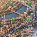 Illustrated isometric map of Boston with green golf location pins marking indoor golf simulator venues